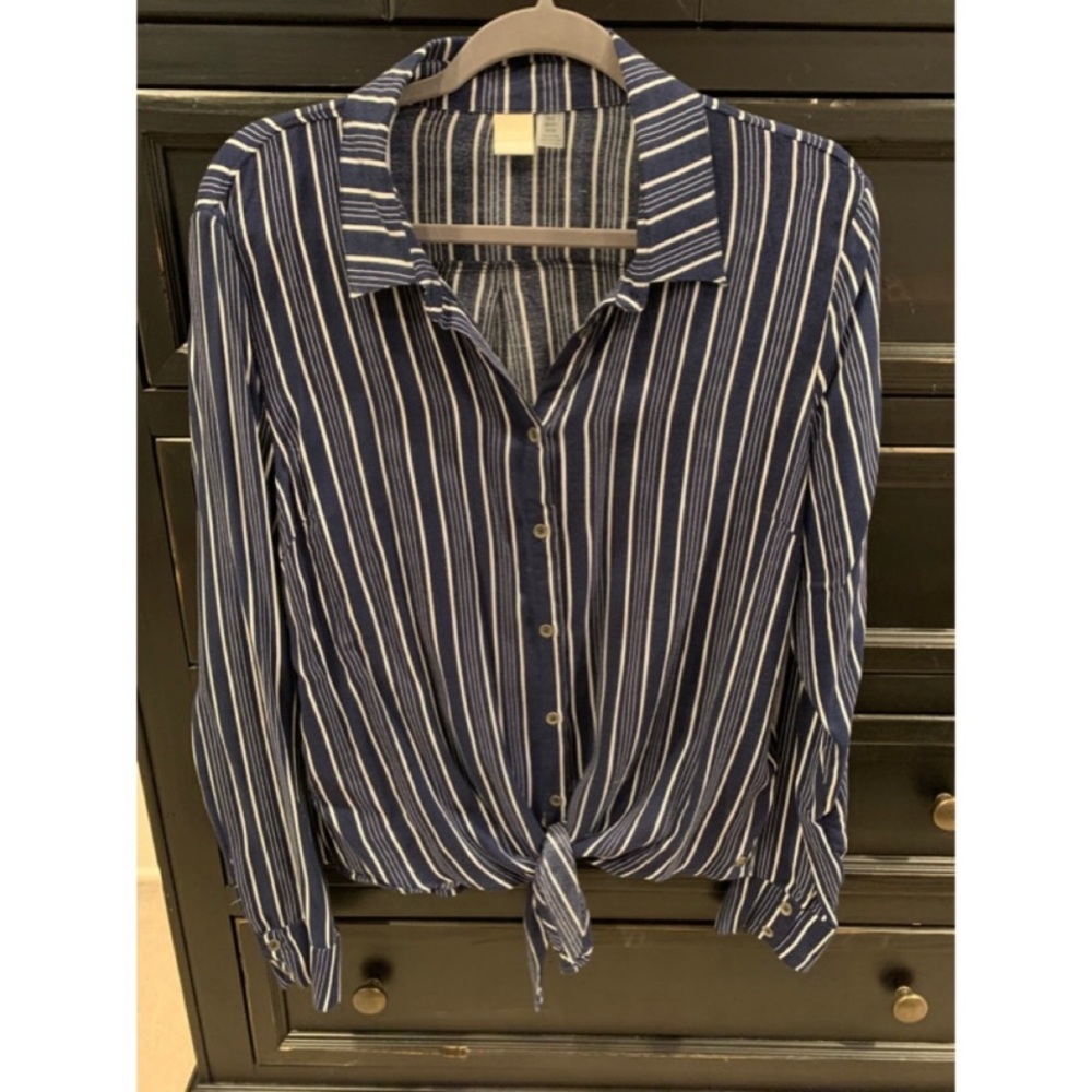 Roxy long sleeve button up tie front top - Navy/White Striped